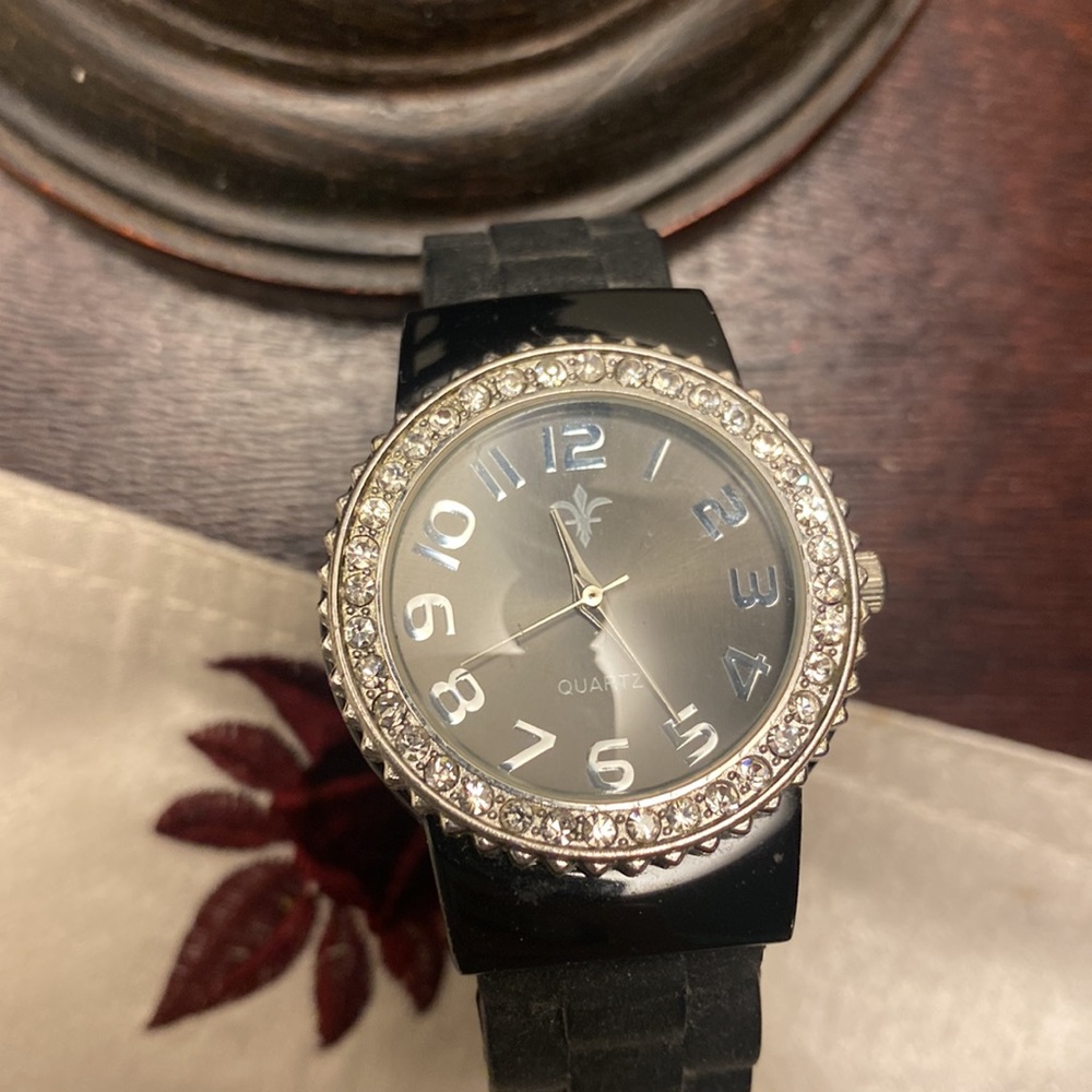 Accutime Watch Corp - Black Watch with Rhinestones Around Face